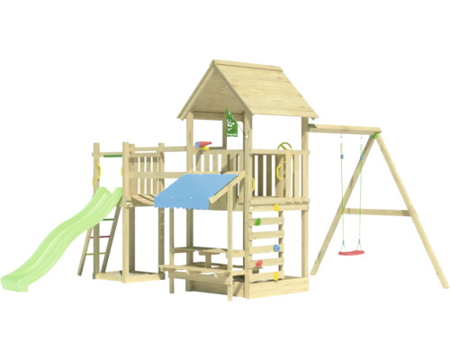 Spielplatz aus Holz mit Rutsche, Schaukel und Kletterwand für den Außenbereich