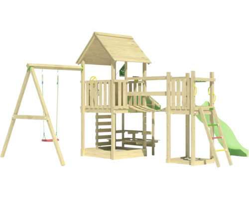 Spielturm aus Holz mit Schaukel, Rutsche und Kletterelementen für den Garten