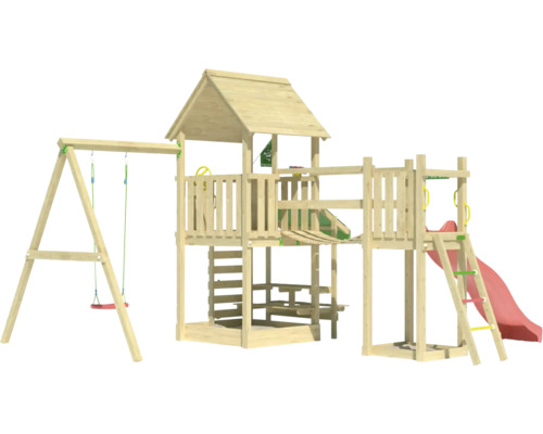 Spielturm aus Holz mit Schaukel, Rutsche und Klettergerüst für den Garten
