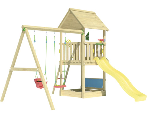 Spielplatz mit Schaukel, Kletterturm und Rutsche für Kinder