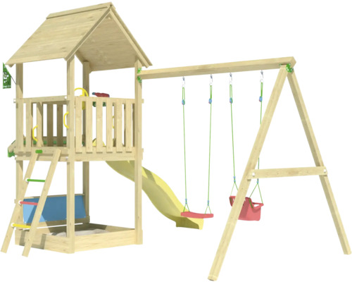 Spielturm aus Holz mit Schaukel und Rutsche für den Aussenbereich