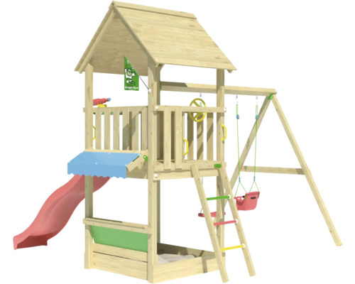 Spielturm mit Rutsche, Schaukel und Sandkasten für den Aussenbereich