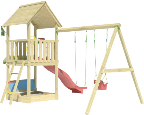 Spielturm mit Rutsche und Schaukel aus Holz