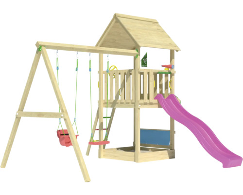 Spielplatz mit Schaukel, Rutsche und Kletterturm aus Holz