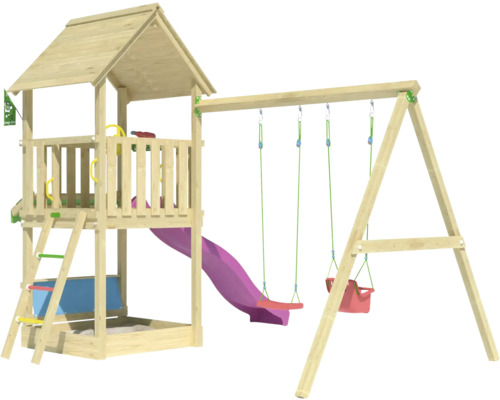 Spieltum mit Rutsche und Schaukel aus Holz