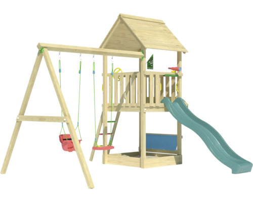 Spielturm aus Holz mit Rutsche und Schaukel
