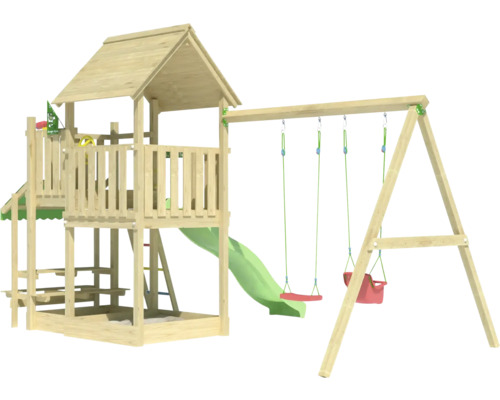 Tour de jeux en bois avec balançoire, toboggan et bac à sable