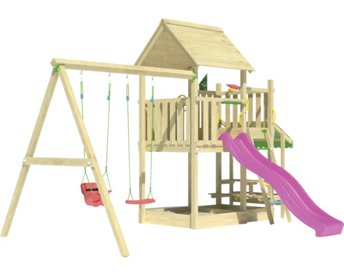 Spielturm aus Holz mit Rutsche und Schaukel für den Aussenbereich