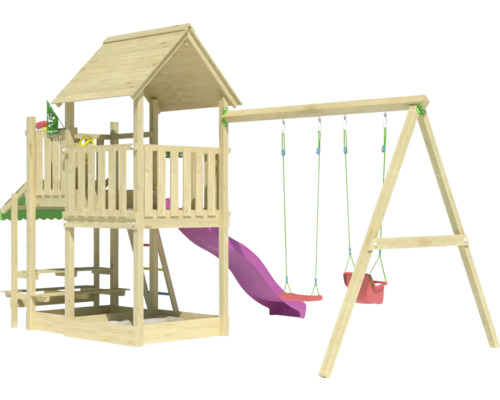 Spilltuerm mat Schaukel a Rutsch fir dobaussen