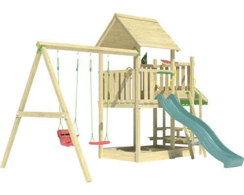 Holzspielturm mit Schaukel, Rutsche und Sandkasten