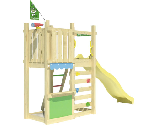 Spielturm aus Holz mit Rutsche, Kletterwand und Tafel