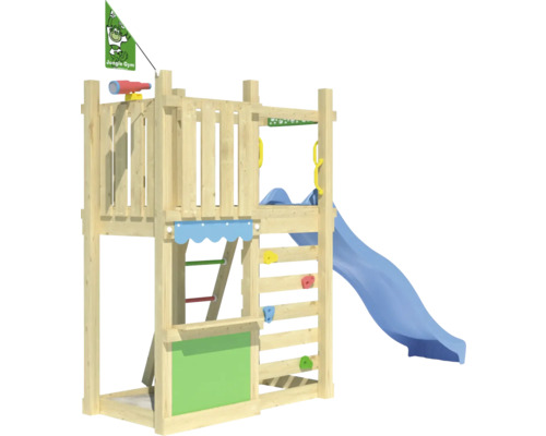 Spielturm aus Holz mit Rutsche, Kletterwand und Flagge