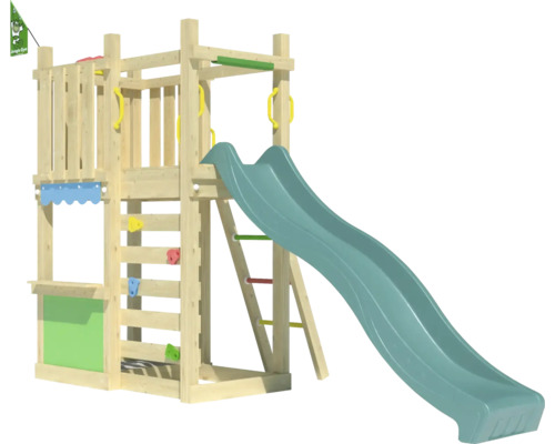 Spielturm mit Rutsche, Kletterwand und Schaukel