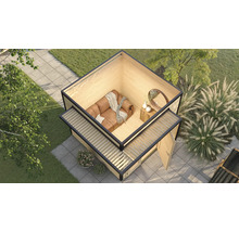 Außenansicht eines modernen Gartenhauses mit Sofa und Gartendekoration