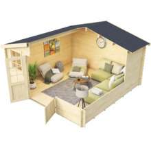 Holzgartenhaus mit Inneneinrichtung wie Sofa, Sessel und Tisch