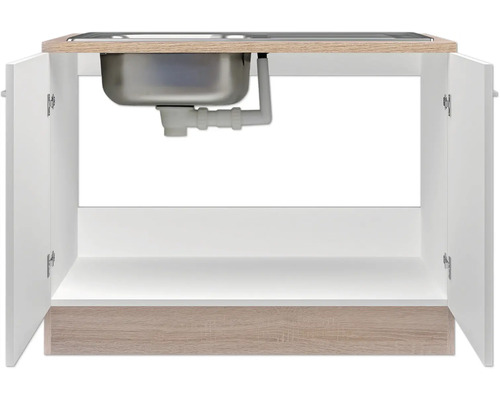 Waschbeckenunterschrank mit offenstehenden Türen und Spüle