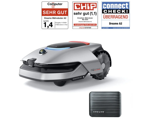 Dreame Mähroboter A2 mit Ladestation sowie Computer Bild Sehr Gut Siegel, Chip Sehr Gut Siegel und Connect Überragend Siegel