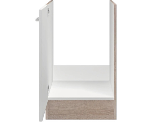 Inneneinrichtung eines Badezimmerschranks mit Holzelementen und weisser Oberfläche