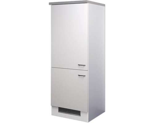 Weißer Unterschrank mit zwei Schubladen und dunklen Griffen