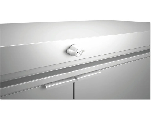 Detailaufnahme eines abschließbaren Metallschranks mit Griffen