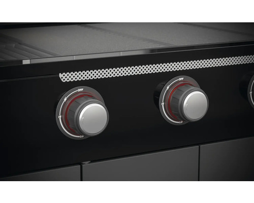 Nahaufnahme eines schwarzen Gasgrills mit Drehknöpfen zur Temperaturregelung