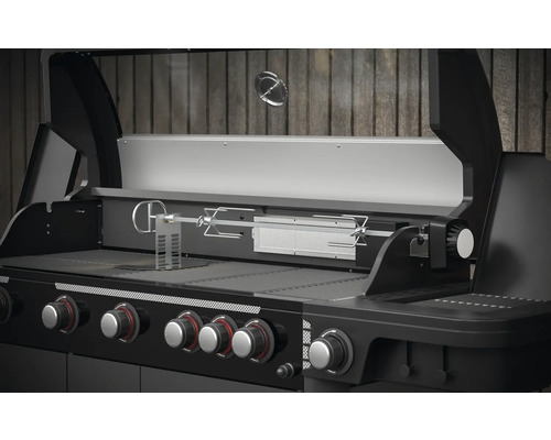 Gasgrill mit Drehspießfunktion und mehreren Reglern.