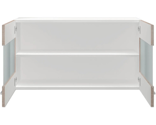 Geöffneter weisser Unterschrank mit zwei Regalböden