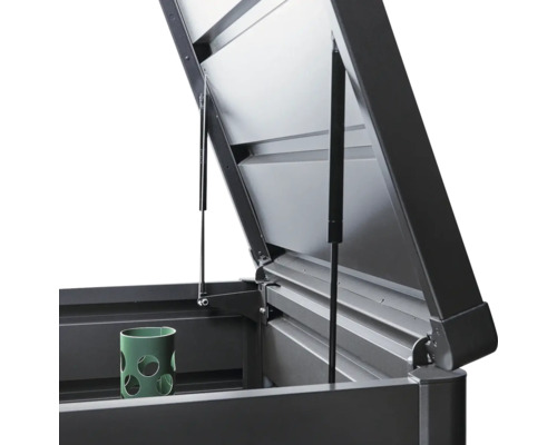 Geöffnete Aufbewahrungsbox mit Gasdruckfedern und Behälter