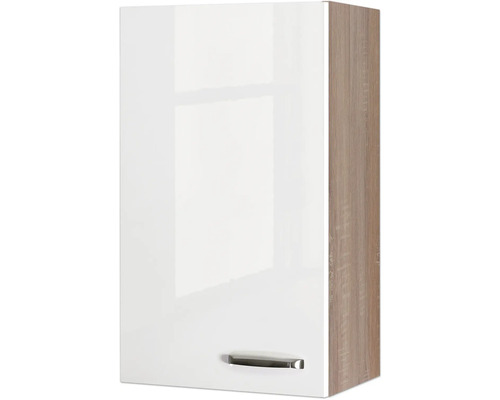 Hängeschrank mit weißer Front und Holzoptik-Seite