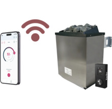 Saunaofen mit Steinen, Steuerung und Smartphone zur Temperaturregelung