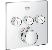 Grohe Logo. Aufputz-Thermostatarmatur mit drei Reglern für Dusche und Temperaturregler mit 38 Grad Markierung.
