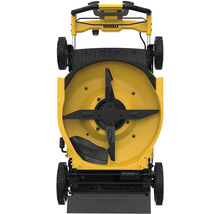 Dessous d''une tondeuse à gazon jaune DeWalt avec lame noire