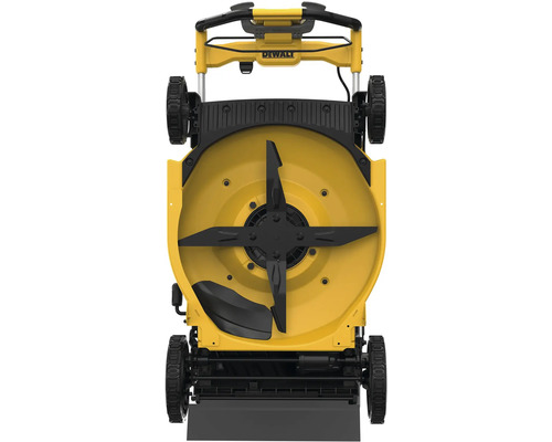 Dessous d''une tondeuse à gazon jaune DeWalt avec lame noire