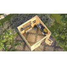 Draufsicht eines Holzgartenhauses mit Werkzeugen und Gartengeräten