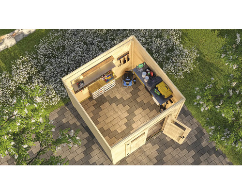 Vue de dessus d'une cabane de jardin avec outils et équipements