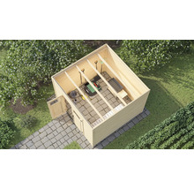 Außenansicht eines Holzgartenhauses mit Gartengeräten und Rasenmäher