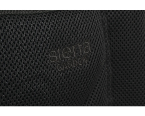 Detailaufnahme eines schwarzen Mesh-Materials mit dem Siena Garden Logo.