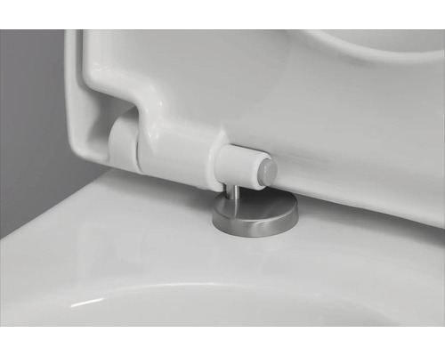 Gros plan d'un siège de toilette avec charnières en acier inoxydable.