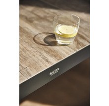 Glas Waasser mat Zitroun op engem Gaartdësch vun der Mark Siena Garden.