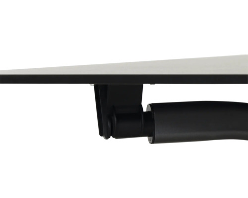 Detailansicht eines Bürotisches mit schwarzem Gestell und hellgrauer Tischplatte.