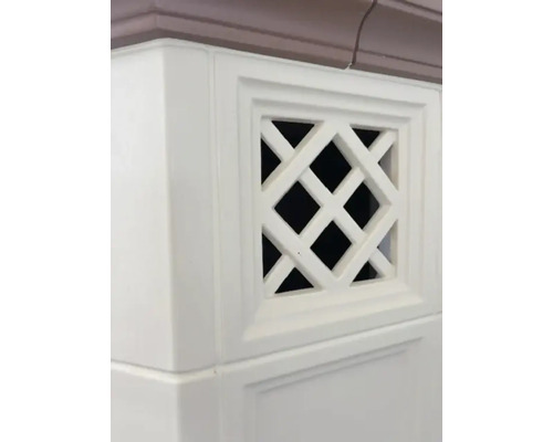 Detailaufnahme einer weißen Schranktür mit dekorativem Gittereinsatz
