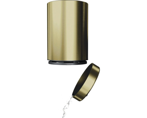 Distributeur de savon doré avec couvercle et savon liquide qui coule