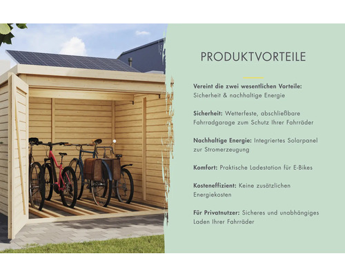Fahrradgarage aus Holz mit Solaranlage und Fahrrädern
