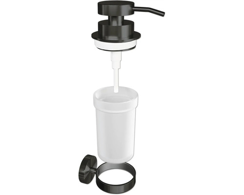 Seifenspender zur Wandmontage mit schwarzer Halterung und weißem Behälter