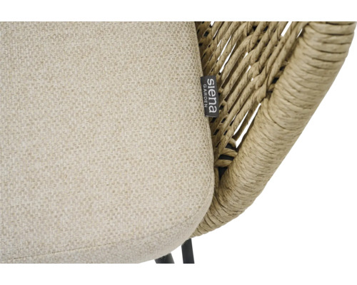 Vue détaillée d'un fauteuil de jardin avec coussin d'assise et logo Siena Garden