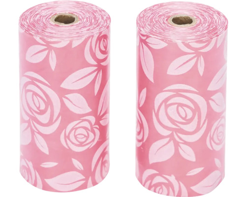 Zwei Rollen Hundekotbeutel mit Rosenmuster
