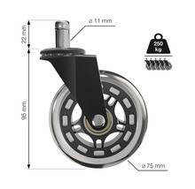 Stuhlrolle mit den Massen 95 mm Höhe und 75 mm Durchmesser, Traglast 250 kg