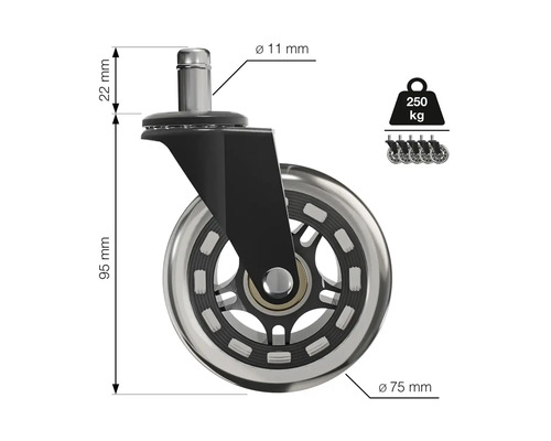 Stuhlrolle mit den Massen 95 mm Höhe und 75 mm Durchmesser, Traglast 250 kg