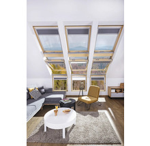 Salon avec fenêtres de toit, canapé, fauteuil et tables