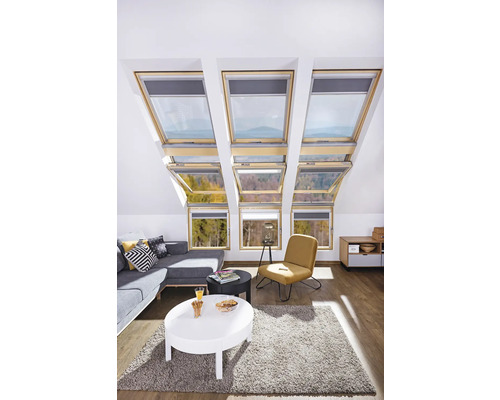 Salon avec fenêtres de toit, canapé, fauteuil et tables